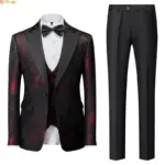 New Men's Suit Three Pieces Red Jacquard Fabric Dress Dress Jacket with Pants Vest Wedding Party Blazer Coat Trousers Men Sets