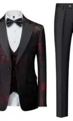 New Men's Suit Three Pieces Red Jacquard Fabric Dress Dress Jacket with Pants Vest Wedding Party Blazer Coat Trousers Men Sets