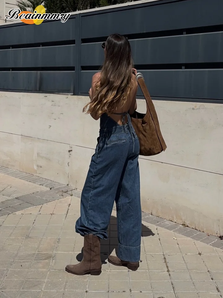 Women's Blue Denim Halter Jumpsuit Cute Fashion Loose Fit Belted Denim Halter Overalls 2026 Lady Summer Cozy Weekend Outfits - Image 4