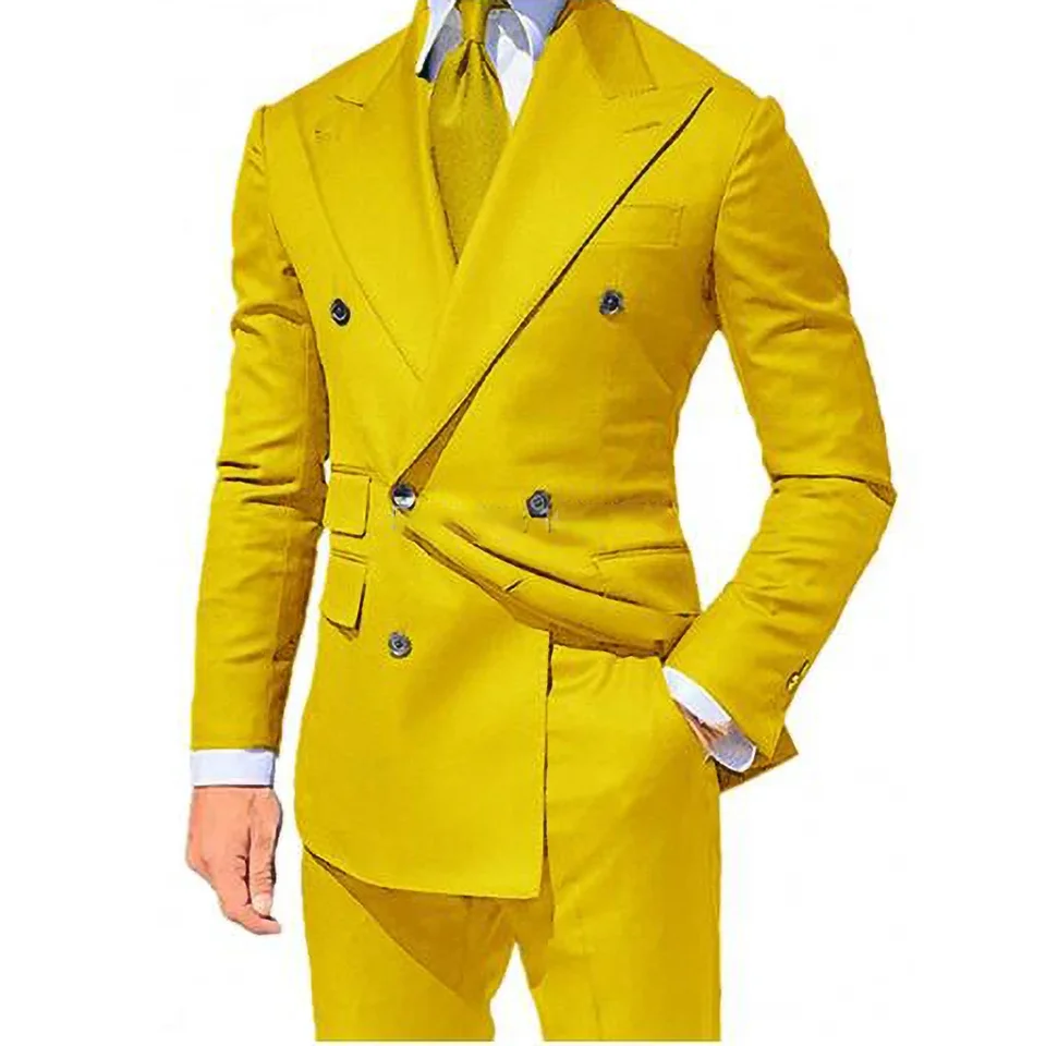 Yellow Men Suits 2 Pieces Set Fashion New Men's Casual Boutique Business Formal Wedding Groom Suit Coat Blazer Trousers 2024