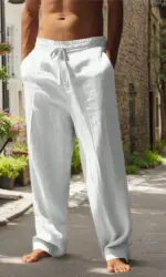 New Men's Beach Pants - Daily Versatile Outdoor Leisure Fitness Simple Cotton Hemp Texture Loose Long Pants for Spring and Summe