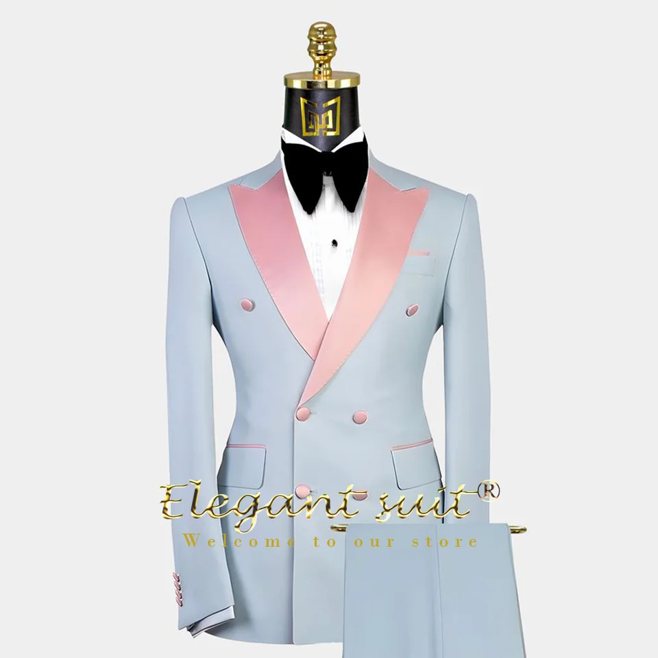 Men's stylish pink satin peaked collar double-breasted suit 3-piece suit (jacket, vest and trousers) custom groom banquet suit
