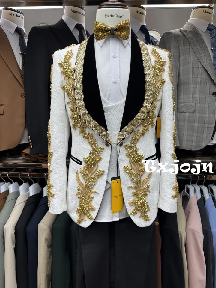 2026 New Jacquard Beaded Man Suit Set 3 Pieces Wedding Groom Sets Luxurious Shawl Lapel Men's Tuxedo Banquet Party Wear In Stock