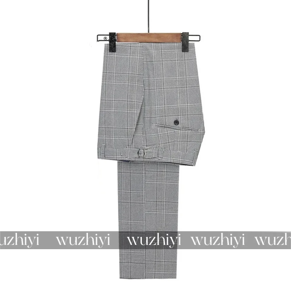 Business Plaid Double Breasted Men Suits 2 Pcs Peak Lapel Coat Pants Formal Wedding Banquet Male Outfit(Jacket+Pants) - Image 3