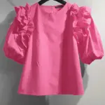 ZANZEA Women Summer Chic Blouse Korean Fashion Puff Short Sleeve Tops Vintage Ruffle Patchwork Tunic Casual Round Neck Loose Top