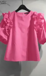 ZANZEA Women Summer Chic Blouse Korean Fashion Puff Short Sleeve Tops Vintage Ruffle Patchwork Tunic Casual Round Neck Loose Top