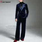 Navy Blue Velvet Double Breasted Suit For Men Evening Dinner Tailor-made Fashion Blazer Pants 2 Pieces Elegant Male Slim Fit Set