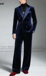 Navy Blue Velvet Double Breasted Suit For Men Evening Dinner Tailor-made Fashion Blazer Pants 2 Pieces Elegant Male Slim Fit Set