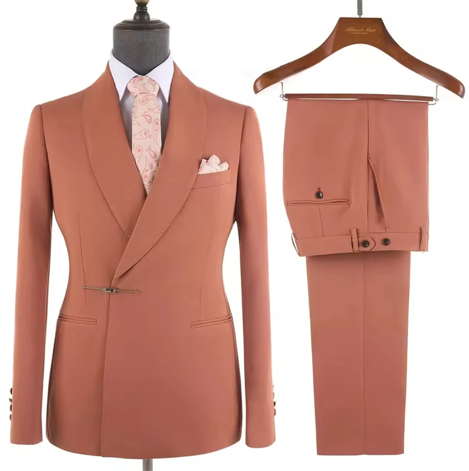 Fashion Coral Men Suits New High Quality Elegant Metal Side Release Buckle 2 Pieces Set Wedding Party Dinner (Blazer+Pants) - Image 2