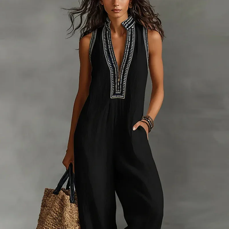 Sexy Deep V Neck Hollow Women's Jumpsuits Vintage Printed High Waist Slim Office Romper Spring Summer Sleeveless Pocket Overalls - Image 4