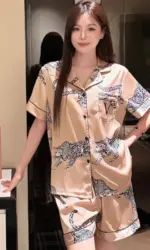 Leopard Print Satin Women's Fashion Pyjama Set Short Sleeve Top with Shorts European American Style Two-Piece Loungewear
