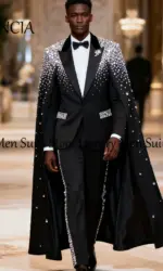 Luxury Diamond Men Suits 2 Pcs Sparkling Crystal Tuxedos with Cloak Wedding Party Outfit Customized Blazer Pants costumes homme