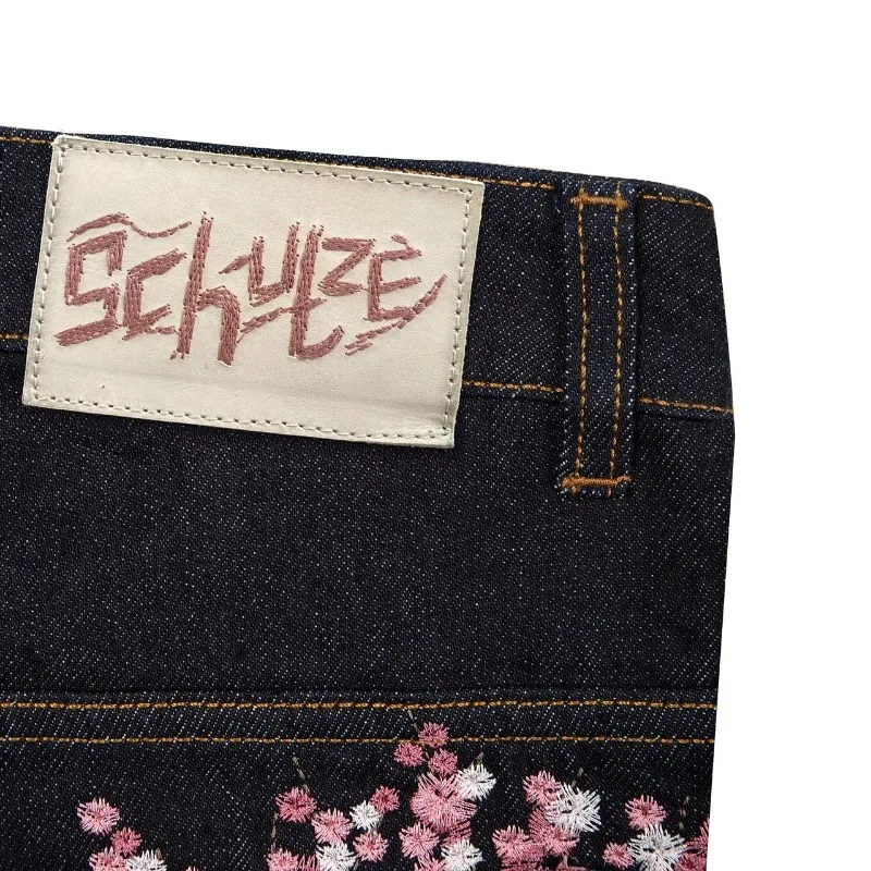 Y2K Harajuku jeans Goth vintage plum blossom embroidery pattern wide leg pants men women denim fabric American style street wear - Image 5