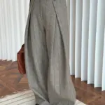 [EAM] High Waist Brown Striped Pleated Long Thick Wool Wide Leg Pants New Trousers Women Fashion Tide Autumn Winer 2026 1DH7548