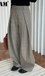 [EAM] High Waist Brown Striped Pleated Long Thick Wool Wide Leg Pants New Trousers Women Fashion Tide Autumn Winer 2026 1DH7548