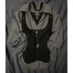 2000s Punk T-shirt Slim V-Neck Y2k Clothes Goth Short Sleeve Vintage Streetwear 90s Aesthetic Crop Top Grunge Emo Button T-shirt
