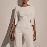 Spring And Summer Solid Color Nail Bead Decoration Slim Fitting Jumpsuit Elegant Womens Seven Quarter Sleeve Round Neck Jumpsuit
