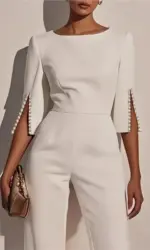 Spring And Summer Solid Color Nail Bead Decoration Slim Fitting Jumpsuit Elegant Womens Seven Quarter Sleeve Round Neck Jumpsuit