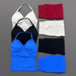 HISTELLO 2 Pieces Sports Set Women Yoga Longline Strap Top Scrunch Seamless Shorts Sport Gym Set Sportswear Workout Fitness Set