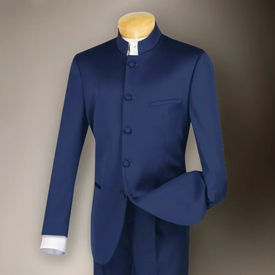 Slim Fit Men's Suits With Satin Stand Collar Navy Blue Wedding Groom Tuxedo For Prom 2 Pcs Male Fashion Suit Jacket Pants - Image 3