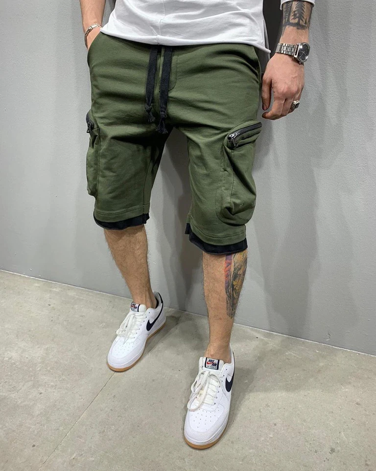 Mens Summer Cargo Shorts Cotton Workout Fitness Shorts Breathable Jogger Training Gyms Bodybuilding Multi Pocket Yellow Shorts - Image 3