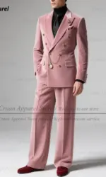 Pink Velvet Suit For Men Wedding Prom Groomsman Fashion Double Breasted Blazer Pants 2 Pieces Tailor-made Slim Fit Male Tuxedos