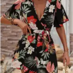Printed V-neck Short Sleeve Jumpsuit Women Loose High Waisted Jumpsuit Beach Vacation Comfortable Summer Clothes