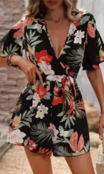 Printed V-neck Short Sleeve Jumpsuit Women Loose High Waisted Jumpsuit Beach Vacation Comfortable Summer Clothes