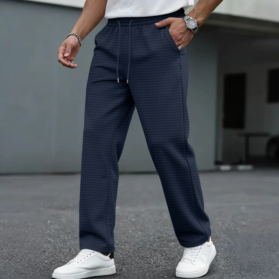 Men's new wide-checkered drawstring casual pants - lightweight, breathable, solid color, comfortable straight-leg trousers - Image 3