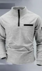New men's athletic polo shirt, vintage striped design with half-zip closure, slim fit, stylish outdoor long-sleeved casual top.