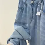 S-3XL Women Soft Denim Pants Washed Blue High Waist Double Buttons Loose Straight Jeans Spring Summer Wide Leg Wide Leg Trousers