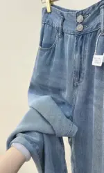 S-3XL Women Soft Denim Pants Washed Blue High Waist Double Buttons Loose Straight Jeans Spring Summer Wide Leg Wide Leg Trousers