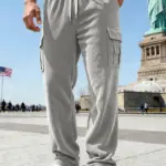 Men's corduroy wide-leg multi-pocket work pants with elastic waistband and drawstring for relaxed fit, street style sport pants