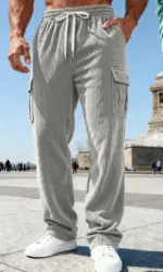 Men's corduroy wide-leg multi-pocket work pants with elastic waistband and drawstring for relaxed fit, street style sport pants