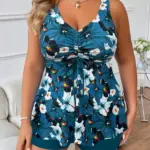 Plus Size Floral Print Halter Neck Drawstring Romper For Summer Beach Wear