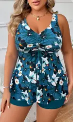 Plus Size Floral Print Halter Neck Drawstring Romper For Summer Beach Wear