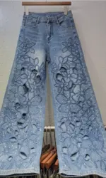 Hollow Flower Embroidered Jeans Women's Wide Leg Pants 2026 Spring/Summer New French Elegant Style Fashion