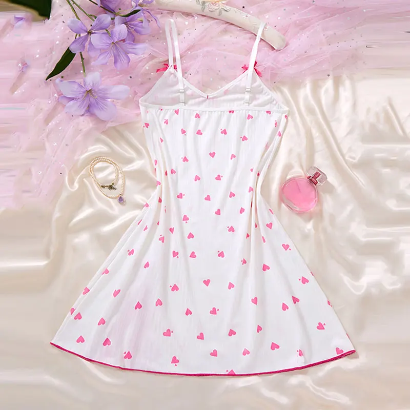 1 Set Of V-neck Women's Lingerie Sexy Suit Soft Bra Nightgown With Thong Intimates Underwear Heart Print Bras Briefs Night Dress - Image 2
