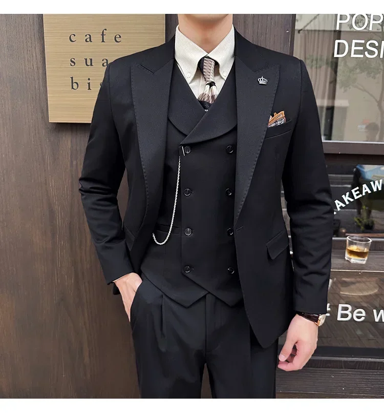 (Jackets+Pants+Vest) High Quality Men Slim Fit Party Tuxedos 3 Pieces Fashion Double Breasted Vest Design Wedding Social Suit - Image 3