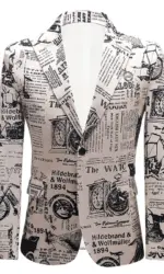 New MenUnique and Personalized Newspaper Printed Suit Single Button Jacket Fashion Male Dance Party Bar DJ Casual Blazer
