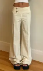 Vintage Y2K Korean Streetwear Pants Woman Low Rise Straight Loose Beige Trousers Button Up Basic 2000S Women Casual Pants