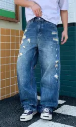 2026 Men's Wide-Leg Jeans New Retro Trendy Distressed Ripped Loose Jeans