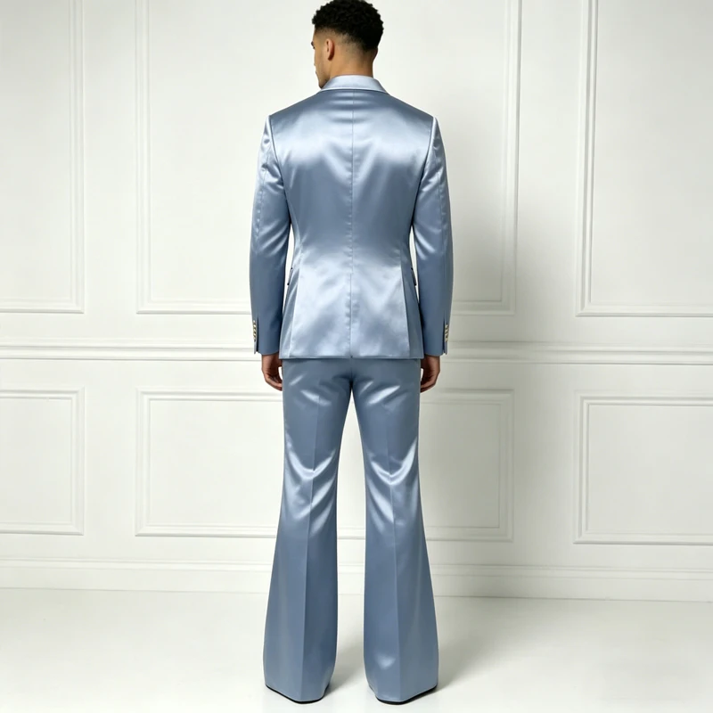 Men's Satin Suit Set 2 Piece Notch Lapel Double Breasted Gold Button Blazer Flare Pants Formal Wedding Prom Party Groom Outfit - Image 6