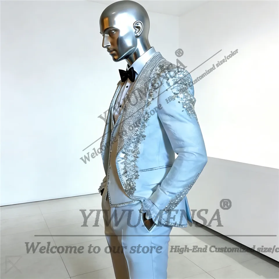 Exquisite Rhinestones Beaded Men Suit Attire For Wedding 3 Piece Set Seuqins Lapel Prom Blazer Trousers Customized Groom Tuxedos