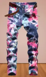 Europe and America wind new men's high street jeans tie-dyed red and blue contrast elastic street motorcycle youth fashion casua