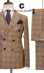 Cenne Des Graoom 2023 New Brown Plaid Suits for Men Double Breasted 2 Pcs Set Blazer Jacket Pants Wedding Party Meeting Office