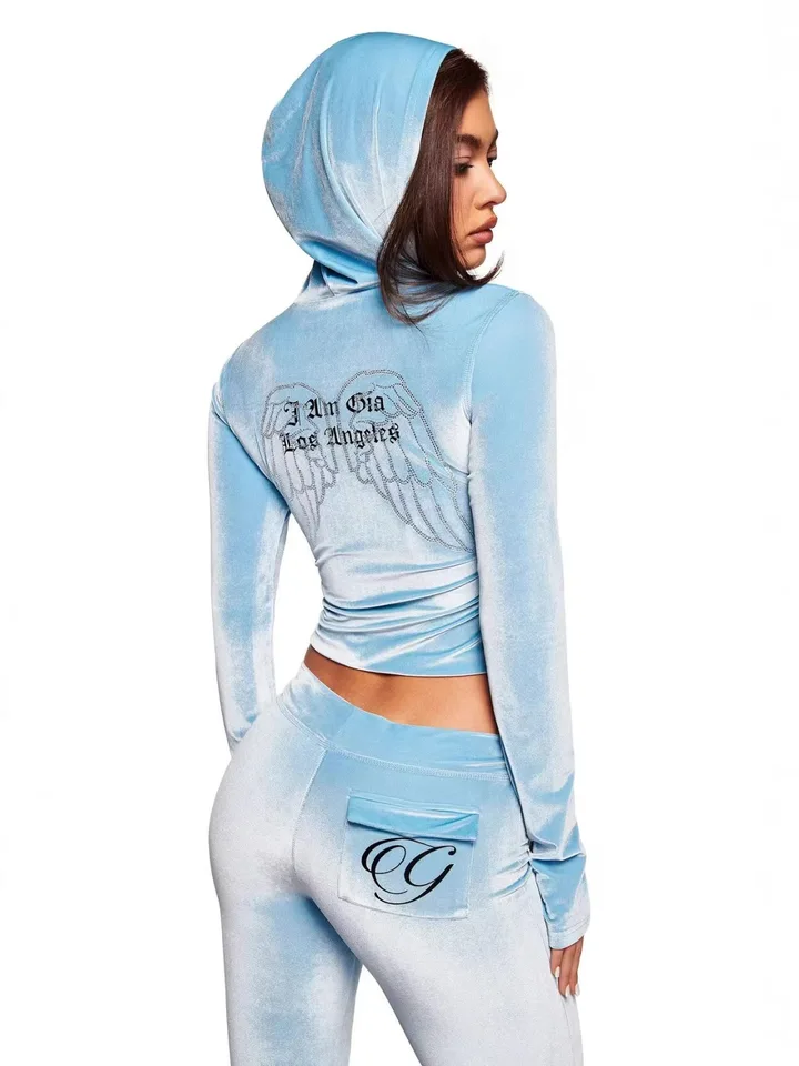 GIA New Velvet Zip-Up Hooded Jacket & Relaxed Loose Slim-Fit Pants Comfortable Minimalist Set in Blue - Image 3