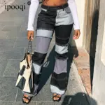 ipooqi High Waist Patchwork Jeans Women Y2K Streetwear Wide Leg Denim Pants Vintage Frayed Raw Hem Color Block Flare Trousers