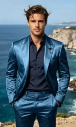 Men's Satin 2-Piece Suit Set Slim Fit Peak Lapel Tuxedo Blazer With Straight Leg Pants For Wedding Party Formal Wear