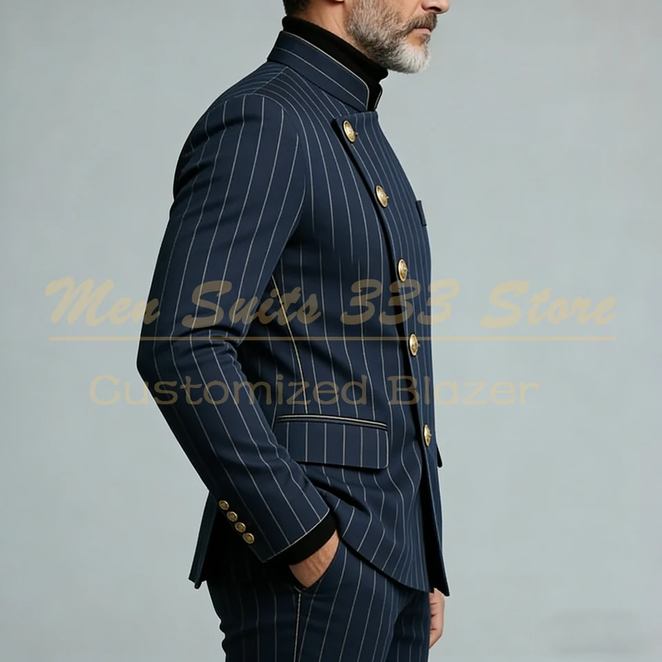 Navy Blue Stripe Men's Suits Elegant Single Breasted Regular Length Back Vent Blazer Formal Business 2 Piece Jacket Pants Outfit - Image 2
